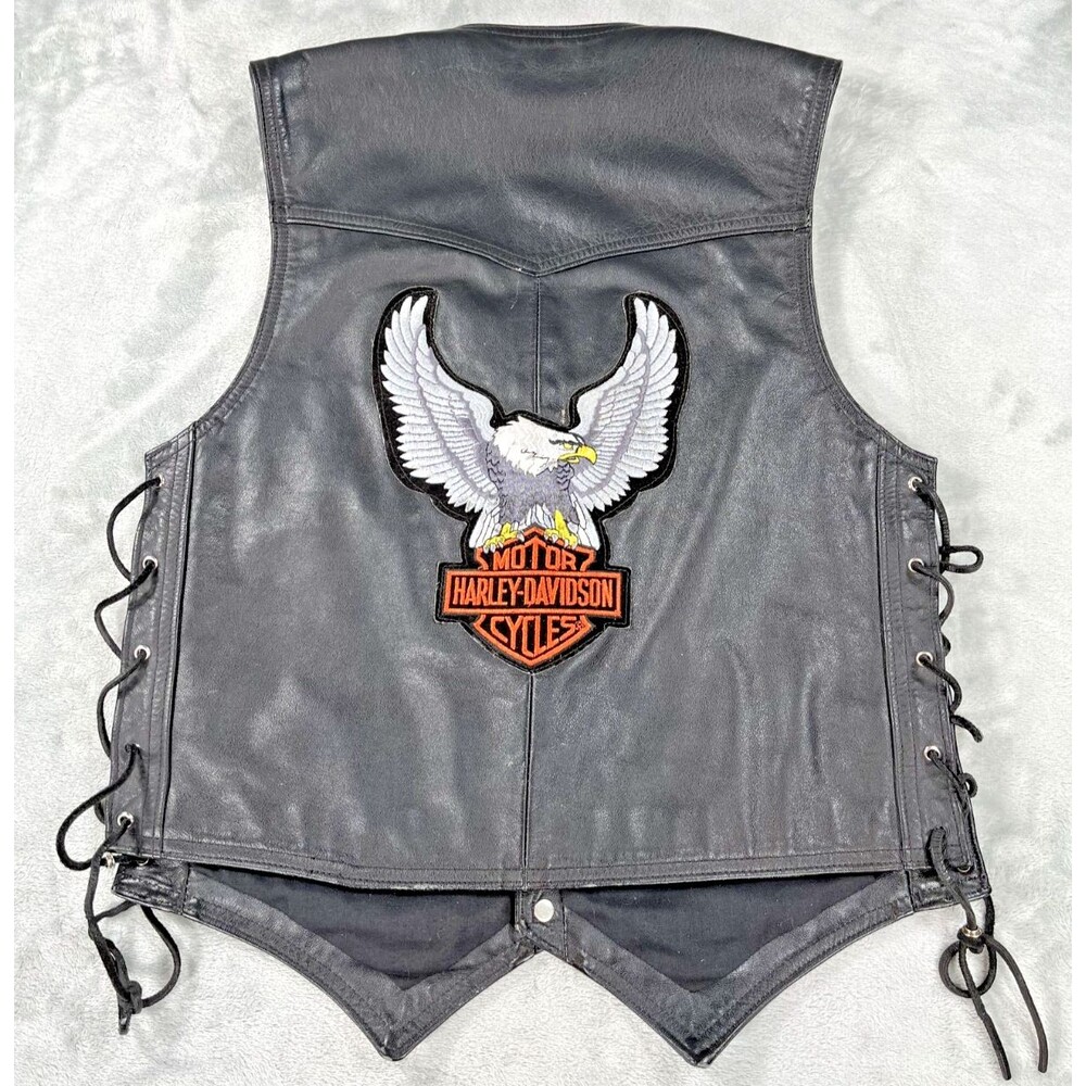 VTG Harley Davidson Leather Made In USA Side Lace Biker Vest Black Mens S